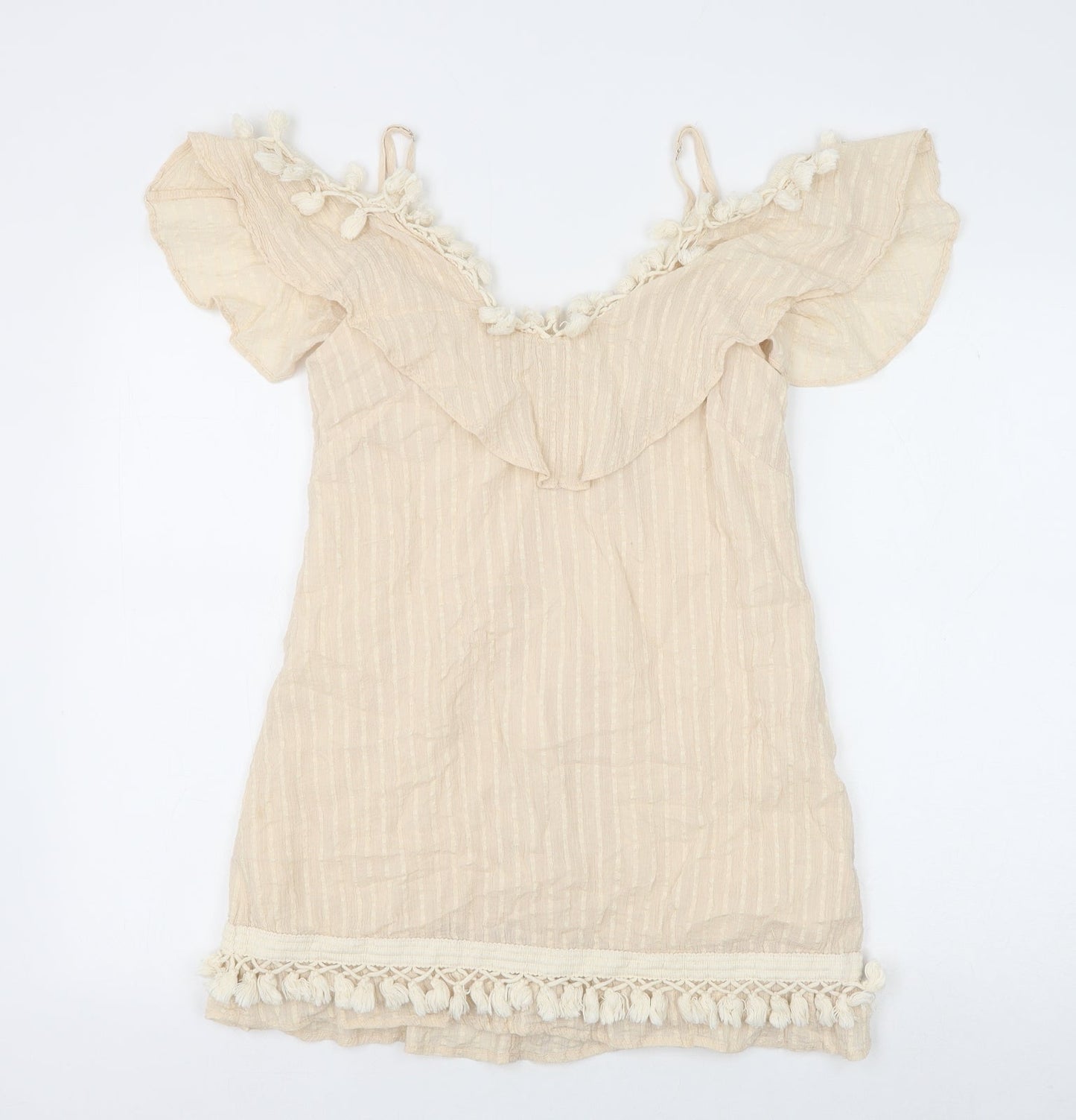 Indikah Womens Beige Striped 100% Cotton Basic Tank Size XS V-Neck