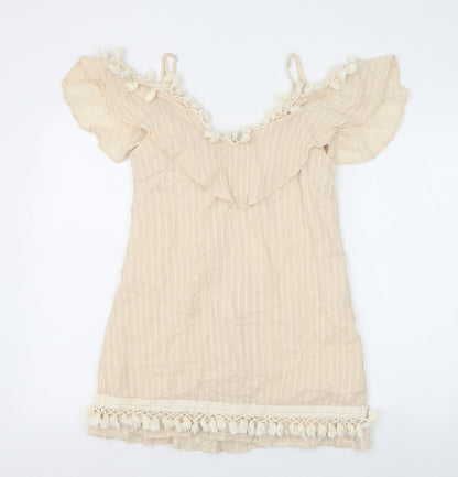 Indikah Womens Beige Striped 100% Cotton Basic Tank Size XS V-Neck