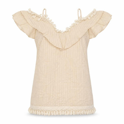 Indikah Womens Beige Striped 100% Cotton Basic Tank Size XS V-Neck
