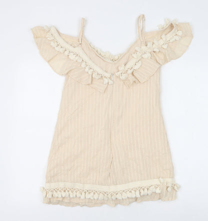 Indikah Womens Beige Striped 100% Cotton Basic Tank Size XS V-Neck