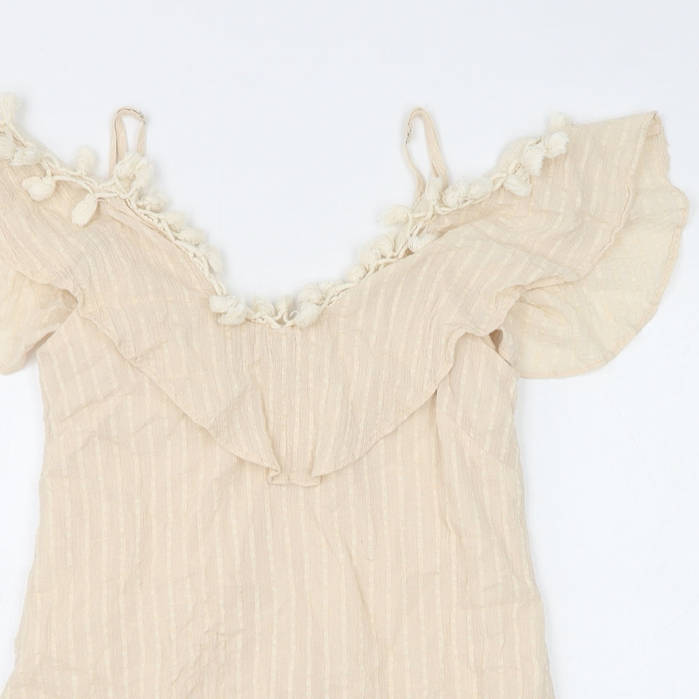 Indikah Womens Beige Striped 100% Cotton Basic Tank Size XS V-Neck