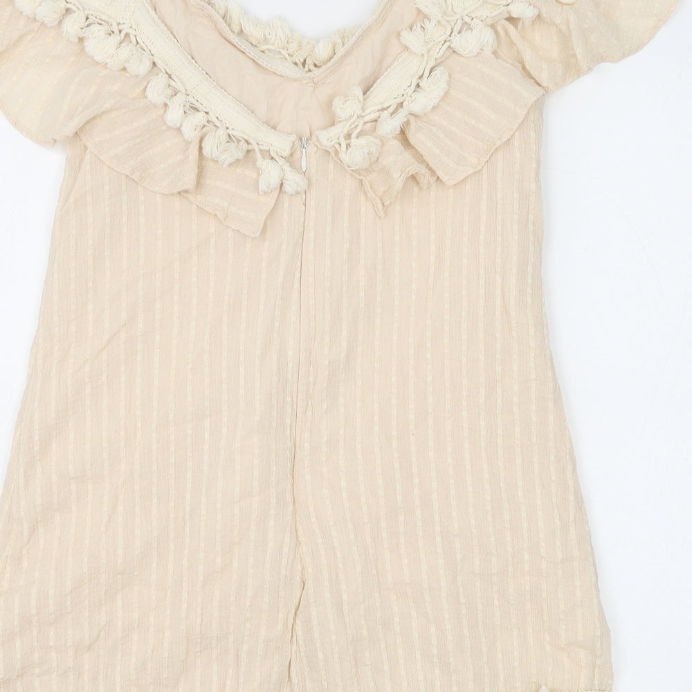 Indikah Womens Beige Striped 100% Cotton Basic Tank Size XS V-Neck