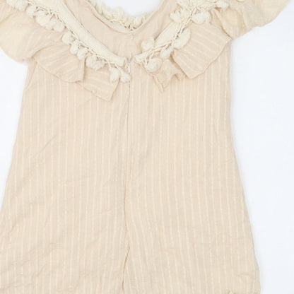 Indikah Womens Beige Striped 100% Cotton Basic Tank Size XS V-Neck