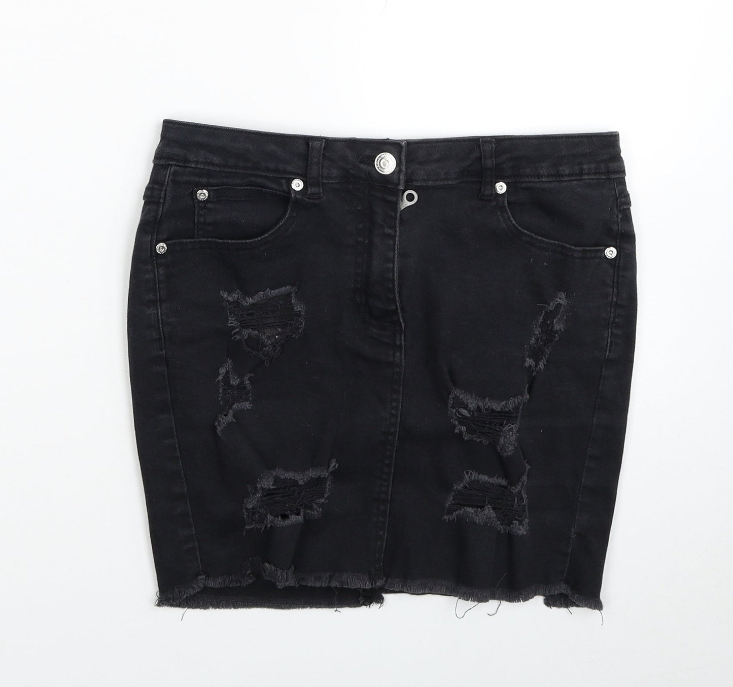 PARISIAN SIGNATURE Womens Black Cotton Mini Skirt Size 10 Zip - Distressed Look