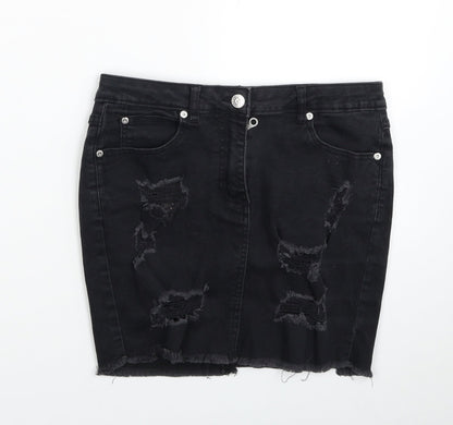PARISIAN SIGNATURE Womens Black Cotton Mini Skirt Size 10 Zip - Distressed Look