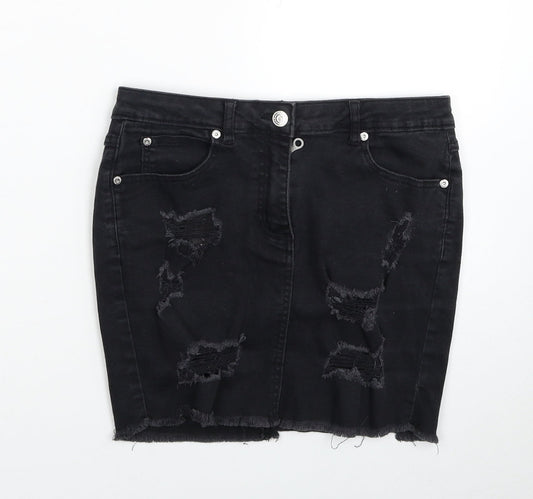 PARISIAN SIGNATURE Womens Black Cotton Mini Skirt Size 10 Zip - Distressed Look