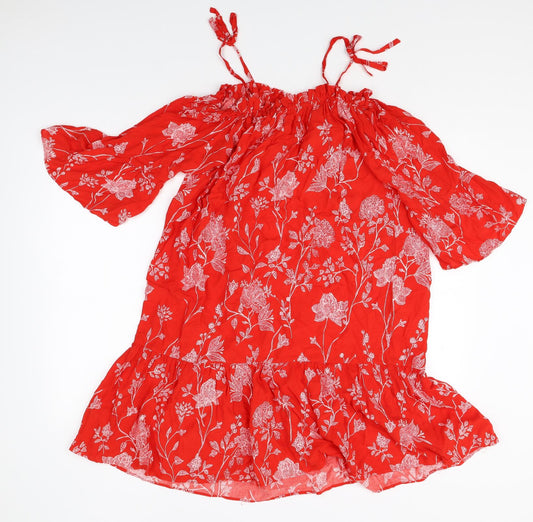 H&M Womens Red Floral Viscose Trapeze & Swing Size 10 Off the Shoulder Pullover