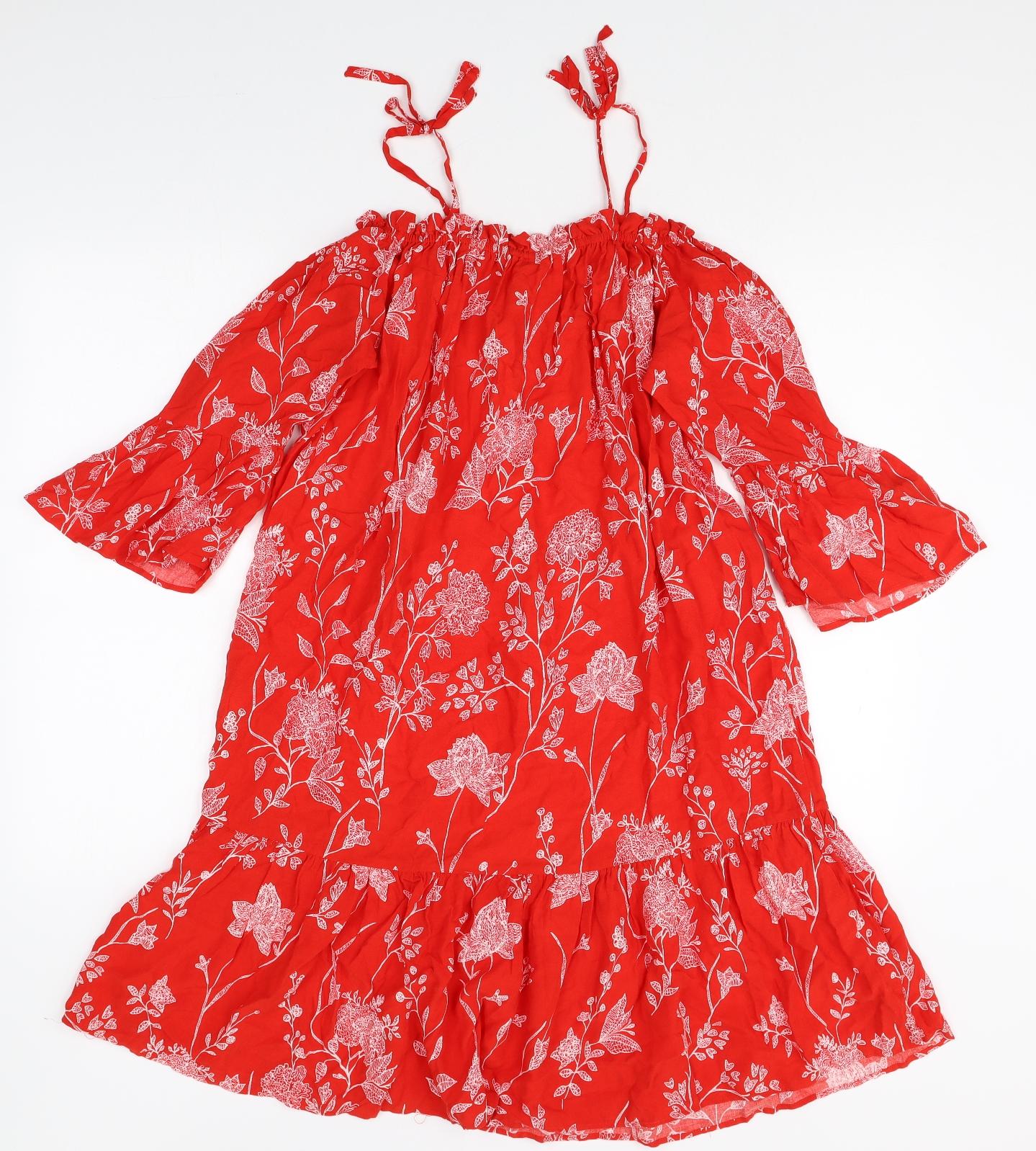 H&M Womens Red Floral Viscose Trapeze & Swing Size 10 Off the Shoulder Pullover
