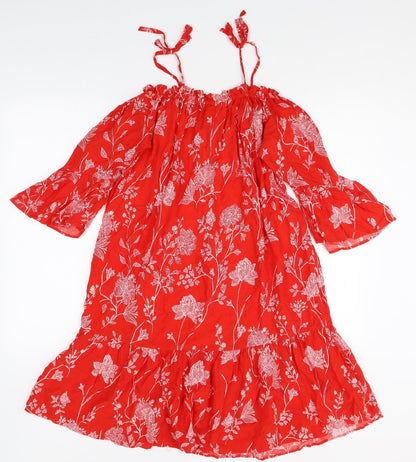 H&M Womens Red Floral Viscose Trapeze & Swing Size 10 Off the Shoulder Pullover