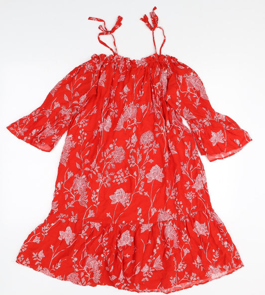 H&M Womens Red Floral Viscose Trapeze & Swing Size 10 Off the Shoulder Pullover