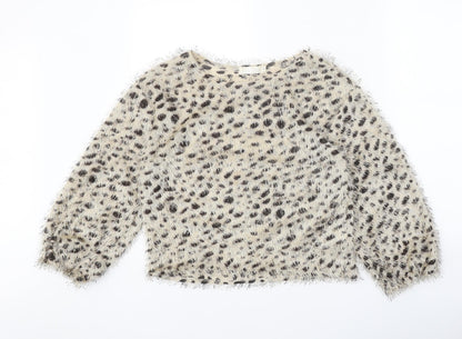 Flamant Rose Womens Beige Round Neck Animal Print Polyester Pullover Jumper Size S