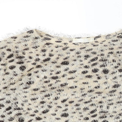 Flamant Rose Womens Beige Round Neck Animal Print Polyester Pullover Jumper Size S