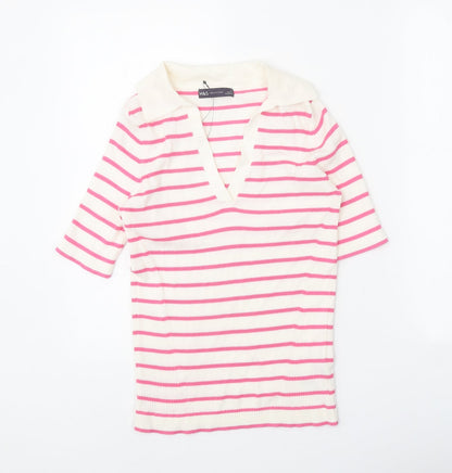 Marks and Spencer Womens White V-Neck Striped Cotton Pullover Jumper Size S
