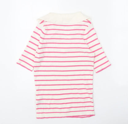 Marks and Spencer Womens White V-Neck Striped Cotton Pullover Jumper Size S