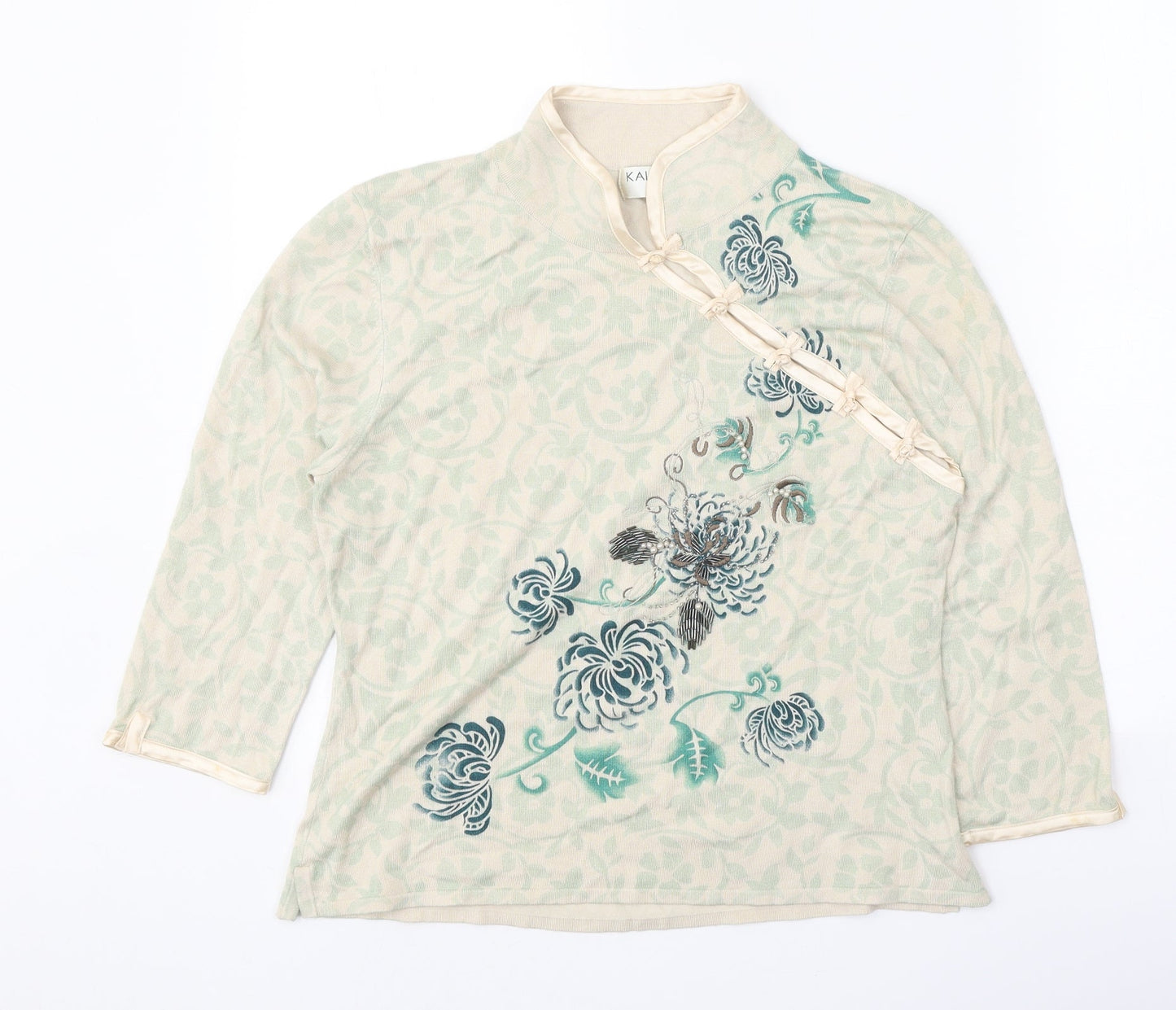 Kaiko Womens Green Mock Neck Viscose Pullover Jumper Size 14 - Floral Detail