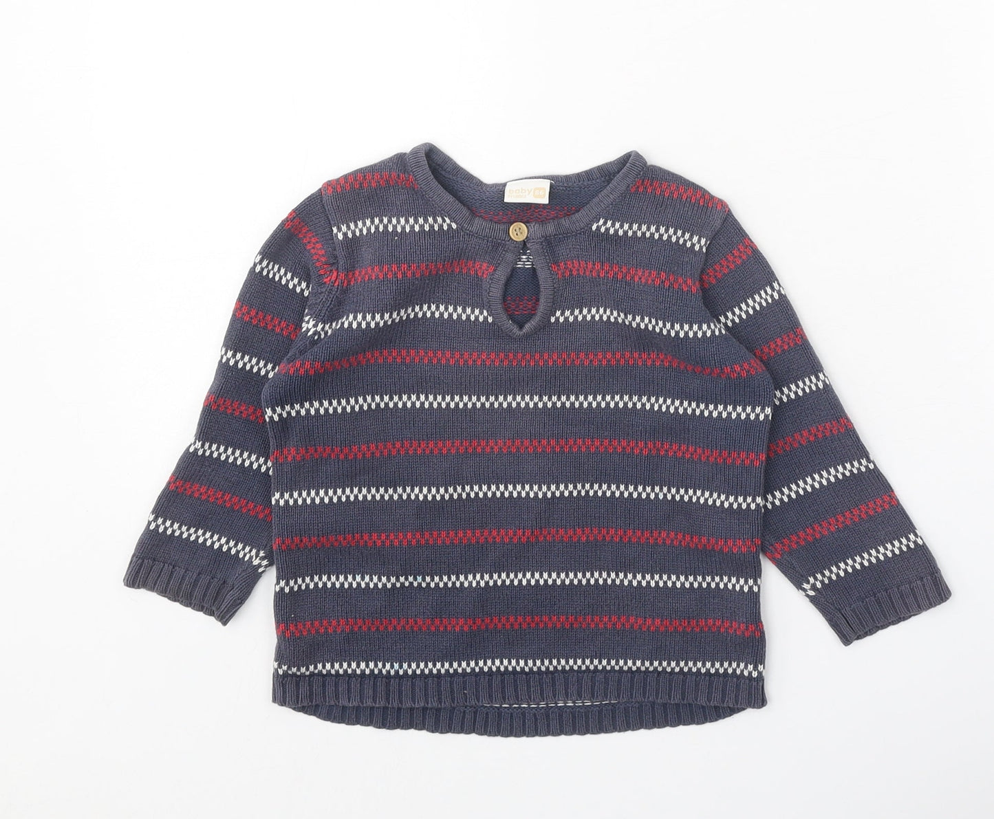 Lindex Girls Grey Round Neck Striped 100% Cotton Pullover Jumper Size 2 Years Button