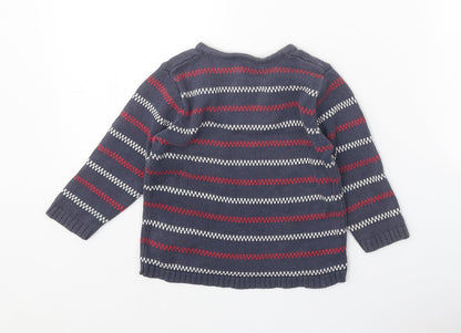 Lindex Girls Grey Round Neck Striped 100% Cotton Pullover Jumper Size 2 Years Button