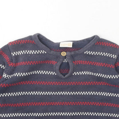 Lindex Girls Grey Round Neck Striped 100% Cotton Pullover Jumper Size 2 Years Button