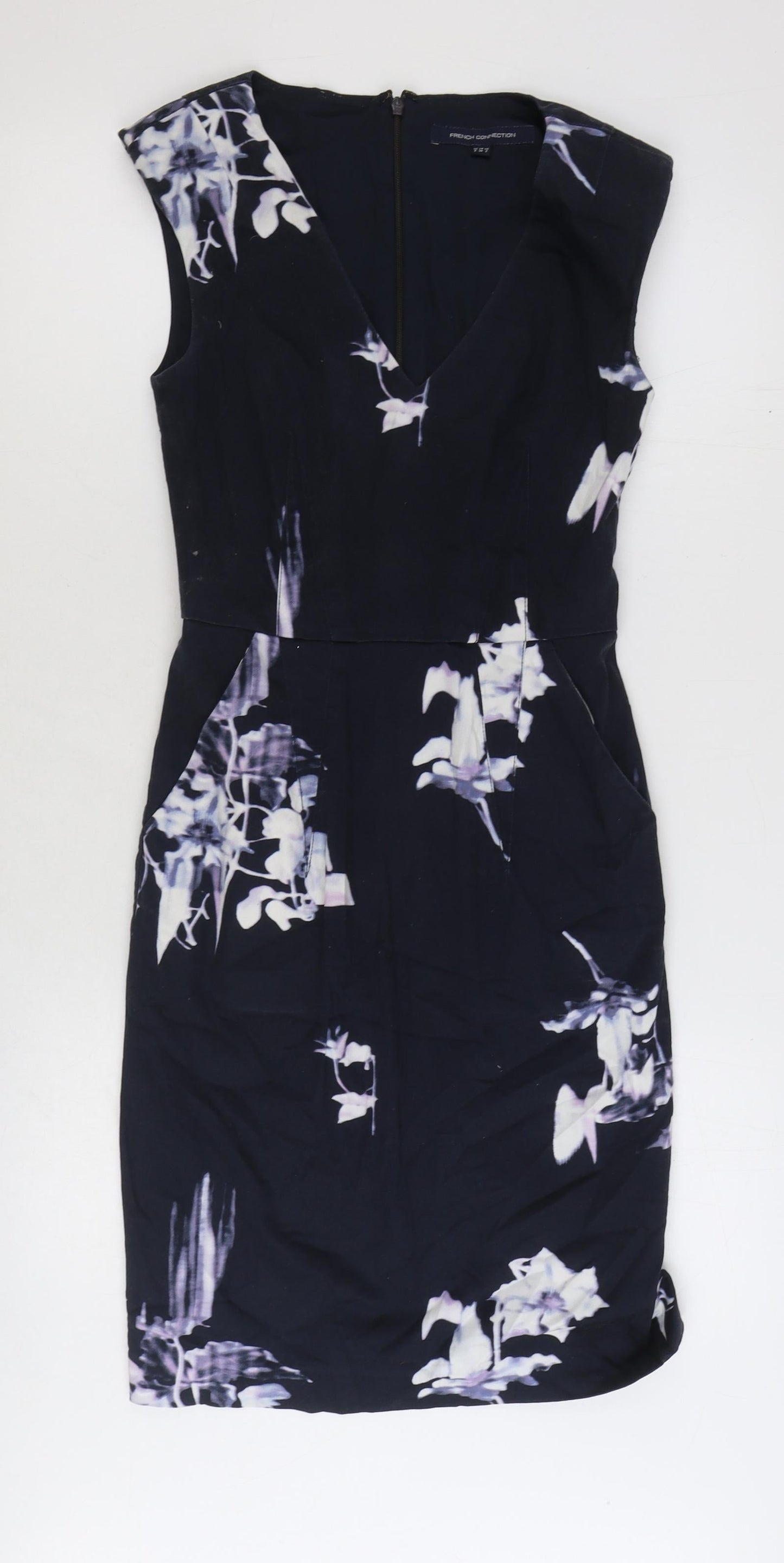 French Connection Womens Blue Floral Cotton A-Line Size 6 V-Neck Zip