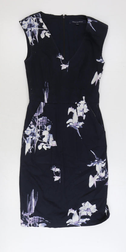 French Connection Womens Blue Floral Cotton A-Line Size 6 V-Neck Zip