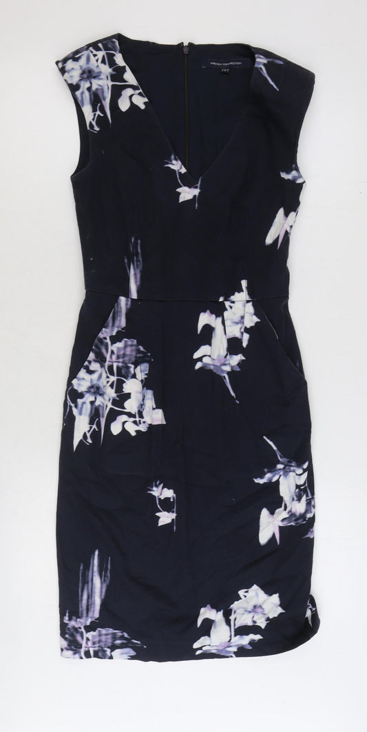 French Connection Womens Blue Floral Cotton A-Line Size 6 V-Neck Zip