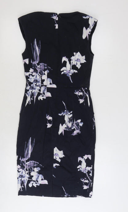 French Connection Womens Blue Floral Cotton A-Line Size 6 V-Neck Zip