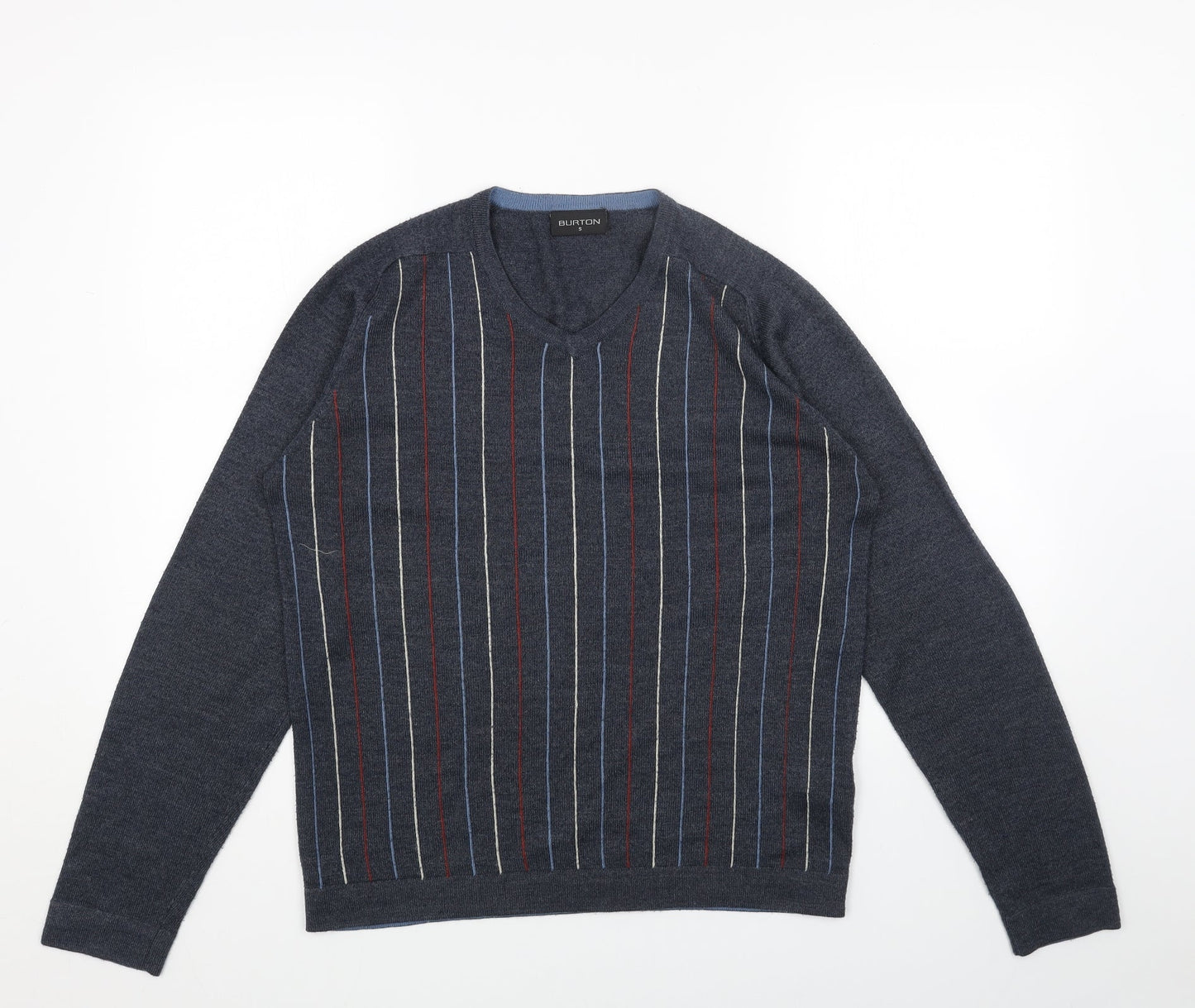 Burton Mens Blue V-Neck Striped Acrylic Pullover Jumper Size S Long Sleeve