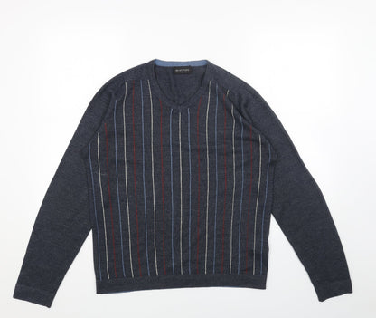 Burton Mens Blue V-Neck Striped Acrylic Pullover Jumper Size S Long Sleeve