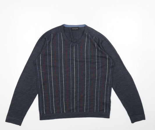Burton Mens Blue V-Neck Striped Acrylic Pullover Jumper Size S Long Sleeve