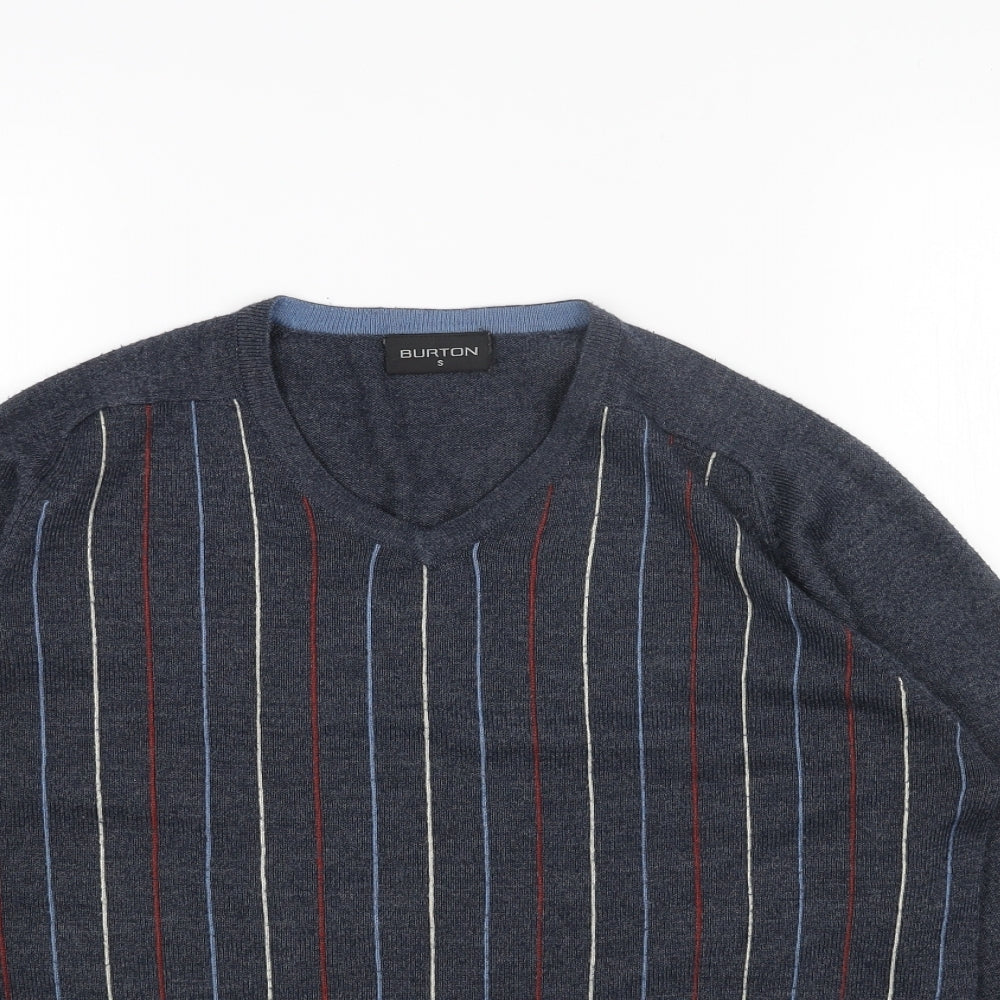 Burton Mens Blue V-Neck Striped Acrylic Pullover Jumper Size S Long Sleeve