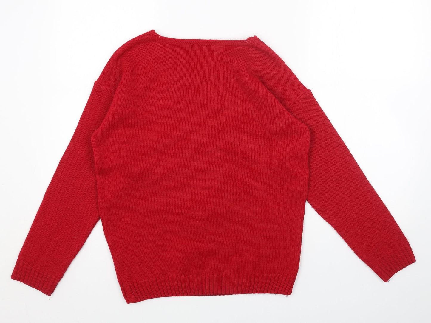 Pura Moda Womens Red Boat Neck Acrylic Pullover Jumper Size S - Reindeer