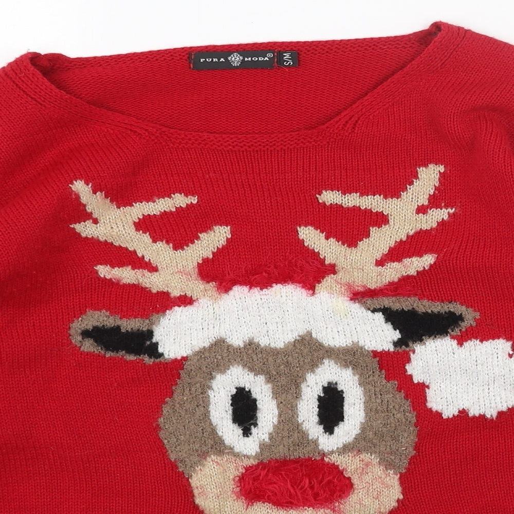 Pura Moda Womens Red Boat Neck Acrylic Pullover Jumper Size S - Reindeer