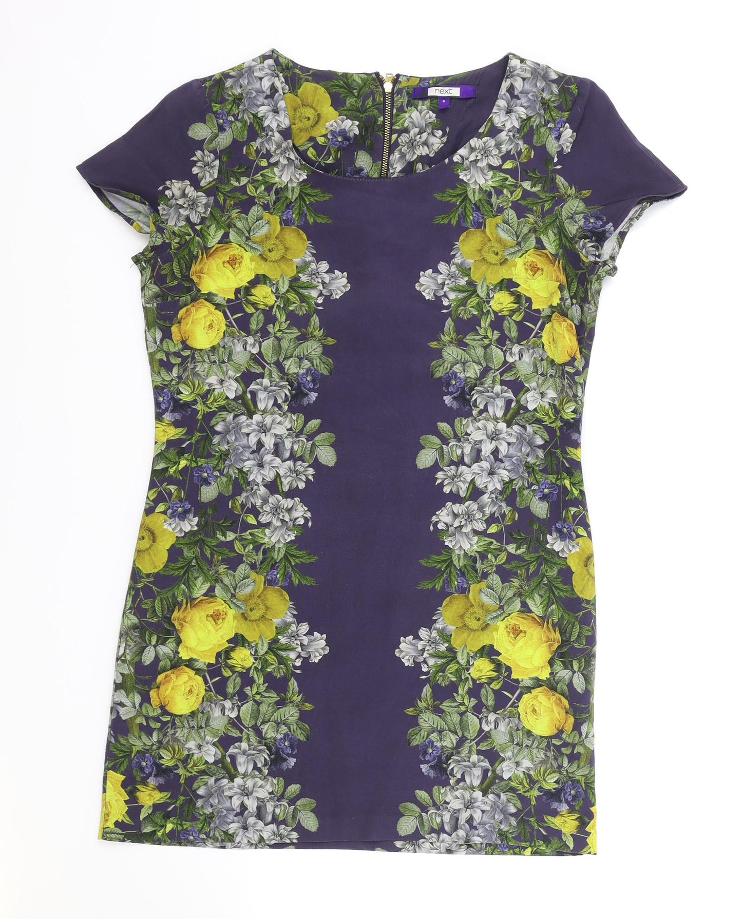 NEXT Womens Blue Floral Polyester A-Line Size 8 Scoop Neck Zip