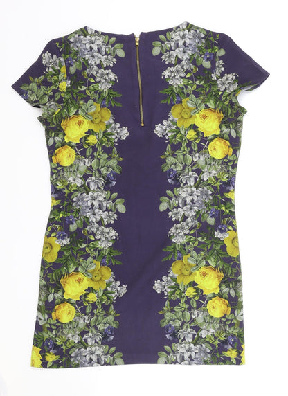 NEXT Womens Blue Floral Polyester A-Line Size 8 Scoop Neck Zip