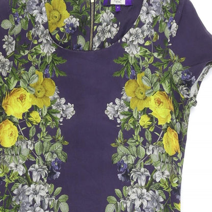 NEXT Womens Blue Floral Polyester A-Line Size 8 Scoop Neck Zip