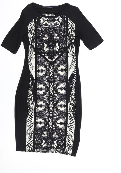 NEXT Womens Black Geometric Polyester A-Line Size 12 Round Neck Pullover