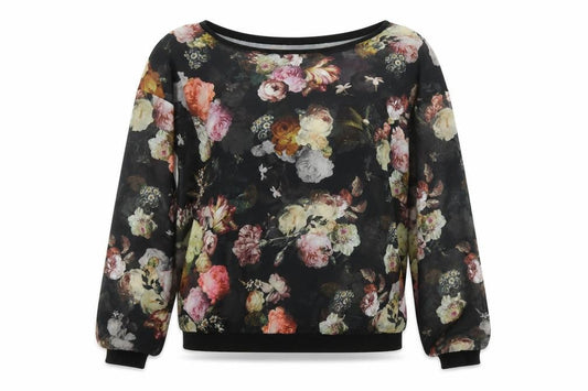 2-Bizzy Womens Black Floral Viscose Basic Blouse Size S Round Neck