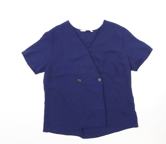 TU Womens Blue Polyester Basic Blouse Size 12 V-Neck