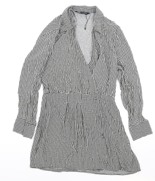 Zara Womens Black Houndstooth Viscose Shirt Dress Size L Collared Pullover