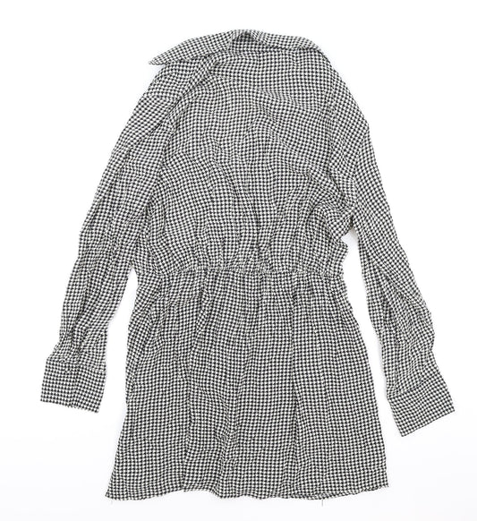 Zara Womens Black Houndstooth Viscose Shirt Dress Size L Collared Pullover