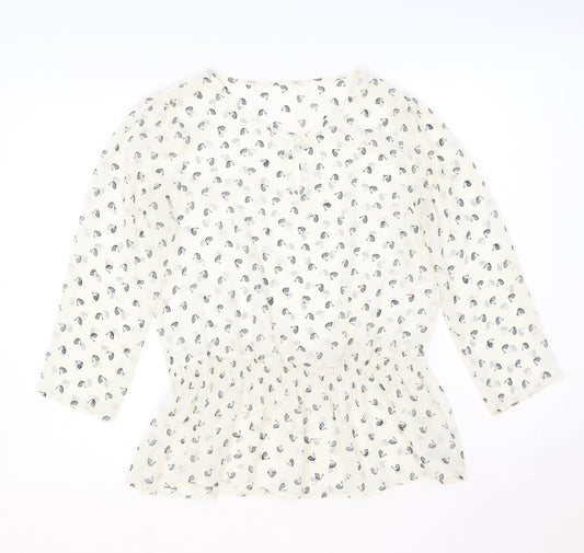 TU Womens White Geometric Polyester Basic Blouse Size 8 V-Neck - Peplum