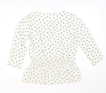 TU Womens White Geometric Polyester Basic Blouse Size 8 V-Neck - Peplum