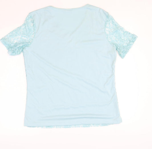 Damart Womens Blue Geometric Polyester Basic T-Shirt Size M V-Neck