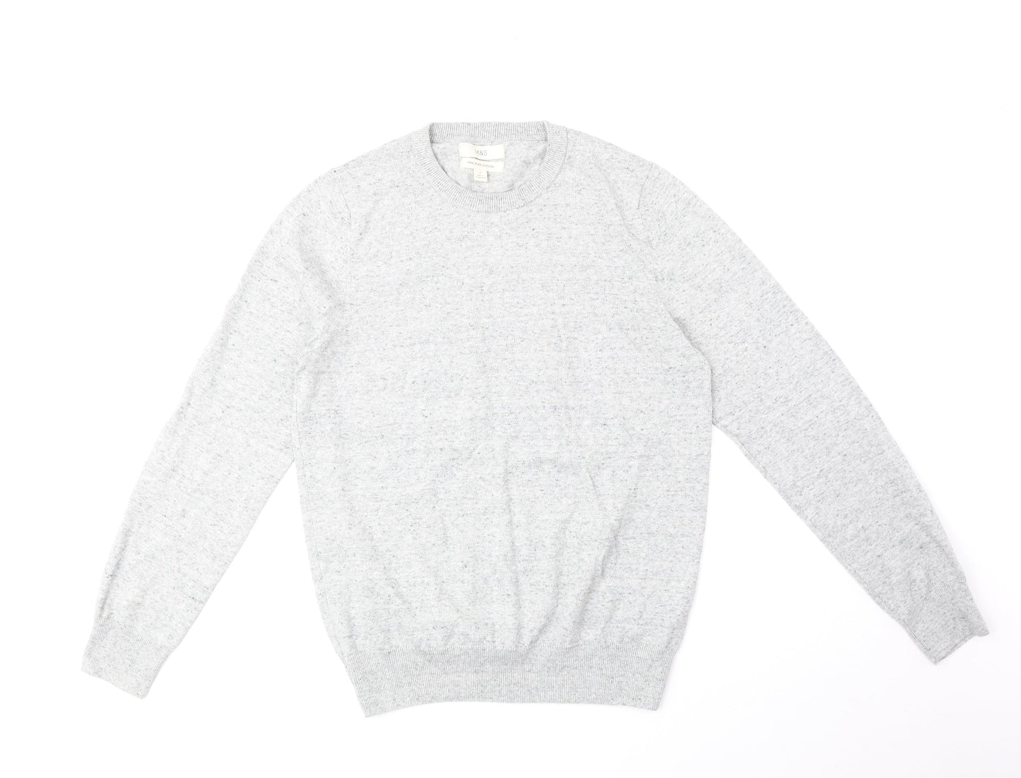 Marks and Spencer Mens Grey Round Neck Cotton Pullover Jumper Size S Long Sleeve