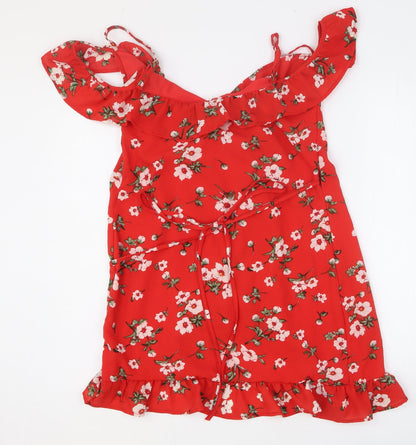 Preworn Womens Red Floral Polyester Blend Fit & Flare Size M V-Neck Drawstring