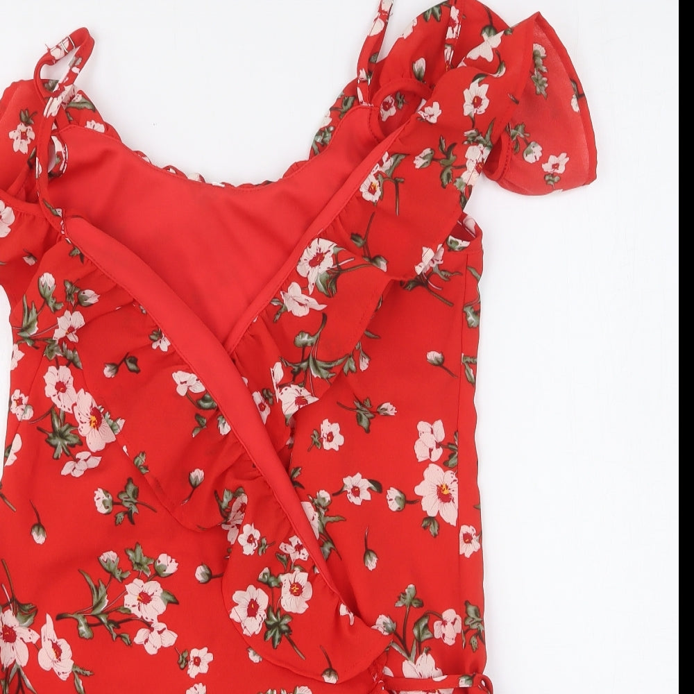 Preworn Womens Red Floral Polyester Blend Fit & Flare Size M V-Neck Drawstring