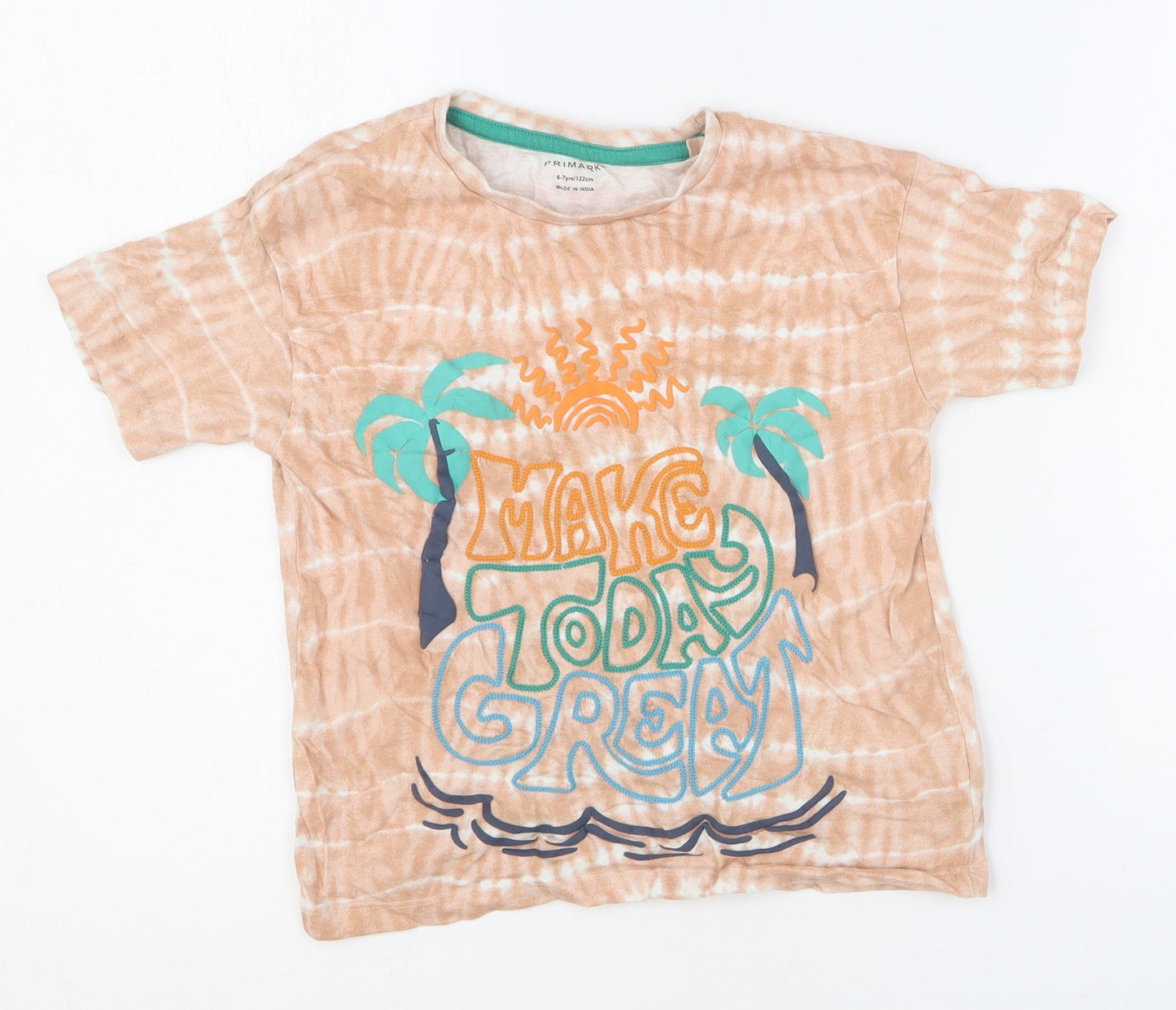Primark Boys Orange Geometric 100% Cotton Basic T-Shirt Size 6-7 Years Round Neck Pullover - Make Today Great