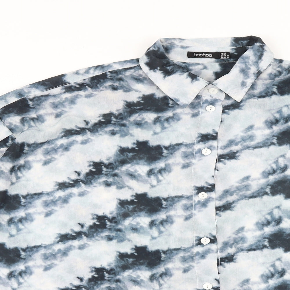 Boohoo Womens Grey Geometric Polyester Basic Button-Up Size 12 V-Neck