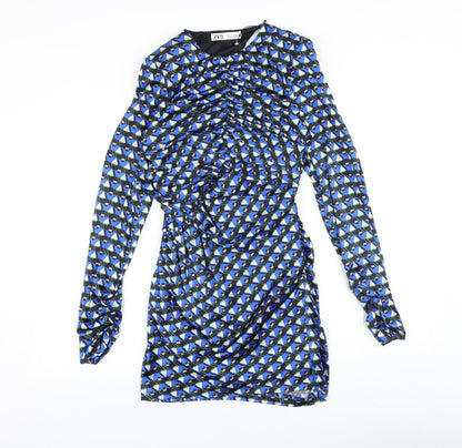 Zara Womens Blue Geometric Polyester Bodycon Size S Round Neck Zip