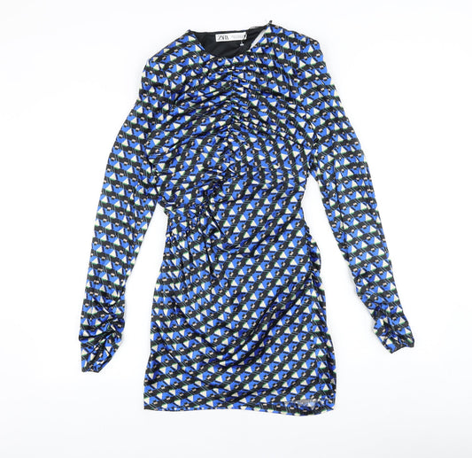 Zara Womens Blue Geometric Polyester Bodycon Size S Round Neck Zip